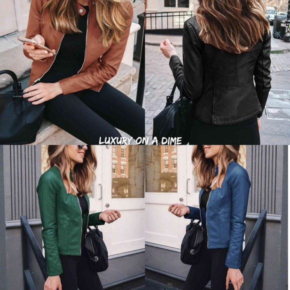 Chic Moto Vegan Leather Jacket Zip-up Sleek Snap Mock Neck Trendy Peacock Blue - Picture 9 of 11